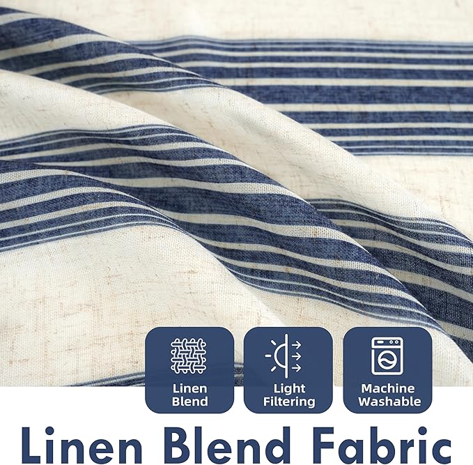 DriftAway Farmhouse Vertical Striped Linen Blend Textured Light Filtering Semi Sheer Curtains for Living Room Bedroom 36 Inches Long Drapes 2 Panels Broad Striped Linen Dark Blue