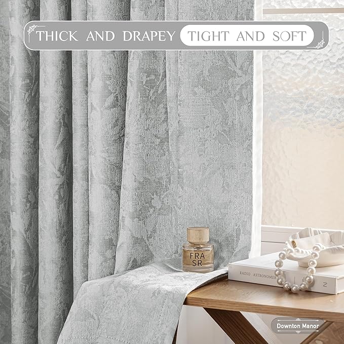 Beauoop Grey Floral Jacquard Blackout Curtains 84 Inches Long for Patio Sliding Door Extra Wide Chenille Flower Divider Room Darkening Thermal Soundproof Grommet Window Drapes, 100x84 Set of 1