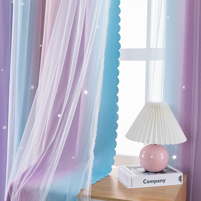 XiDi Curtains for Bedroom Decor, Rainbow Pink Purple/52/45