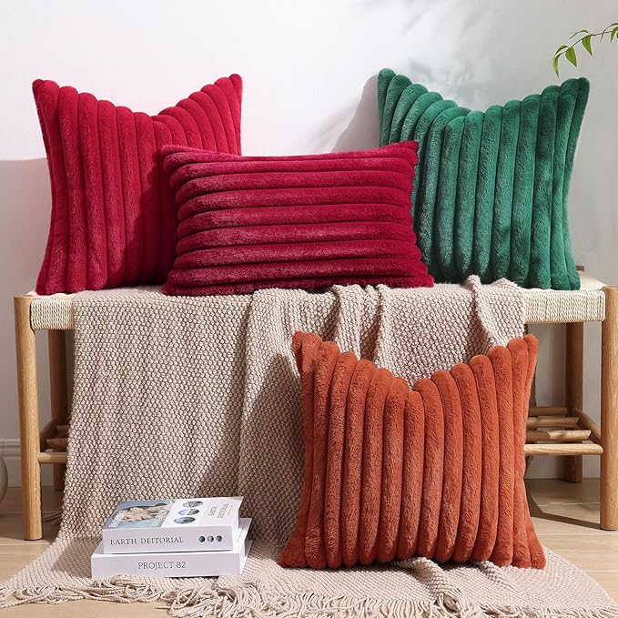 decorUhome Faux Fur Spring Throw Pillow Covers 20x20 Set of 2, Decorative Soft Plush Striped Neutral Couch Pillow Covers with Velvet Back for Sofa, Bed, Living Room Home, Red