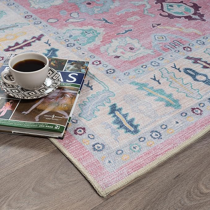 Fame Rugs Pink Modern Oushak Rug 2x3, Vintage Doormat Turkish Colorful Oriental Antique Inspired Washable Small Area Rug, Luxury Living Room Bedroom (385PB, 2' x 3')