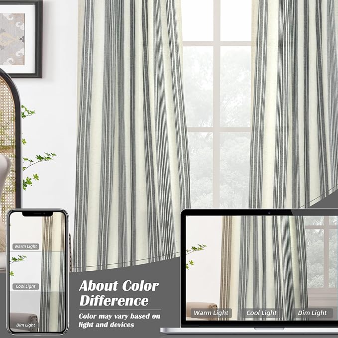 DriftAway Farmhouse Vertical Striped Linen Blend Textured Light Filtering Semi Sheer Curtains for Living Room Bedroom 96 Inches Long Drapes 2 Panels Broad Striped Linen Grey