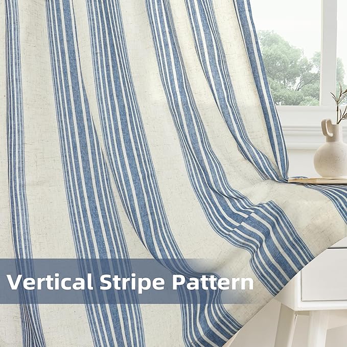 DriftAway Farmhouse Vertical Striped Linen Blend Textured Light Filtering Semi Sheer Curtains for Living Room Bedroom 120 Inches Long Drapes 2 Panels Broad Striped Linen Jean Navy