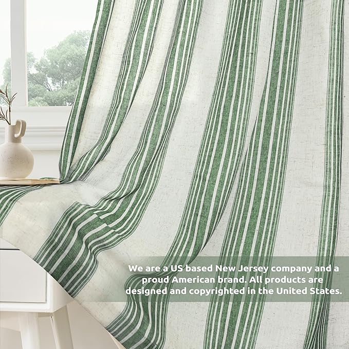 DriftAway Farmhouse Vertical Striped Linen Blend Textured Light Filtering Semi Sheer Curtains for Living Room Bedroom 108 Inches Long Drapes 2 Panels Broad Striped Linen Loden Green