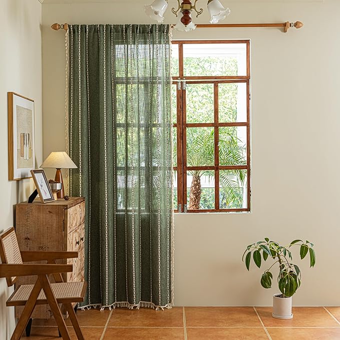 Sutuo Home Olive Green Boho Curtains for Living Room Bedroom, Bohemian Light Filtering Linen Country Vintage Christmas Decor Tassels Window Treatment Embroidery Drape, Rod Pocket 1 Panel 52" W x 84" L