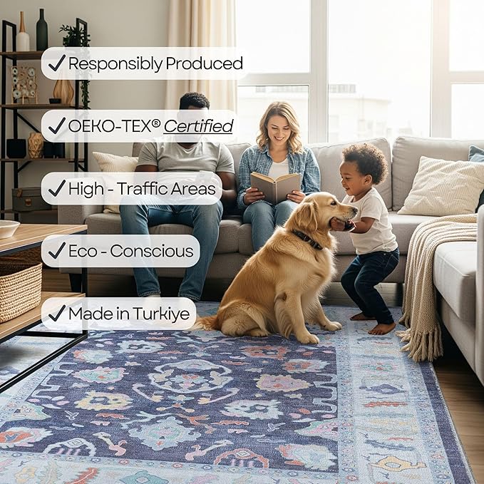 Fame Rugs Navy Blue Modern Oushak Rug 2x3, Vintage Doormat Turkish Colorful Oriental Antique Inspired Washable Small Area Rug, Luxury Living Room Bedroom (388NB, 2' x 3')