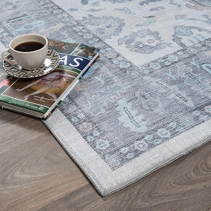 Fame Rugs Gray Modern Oushak Rug 9x12, Vintage Turkish Colorful Oriental Washable Antique Inspired Oversize Area Rugs, Luxury Living Room Bedroom (384GB, 9' x 12)