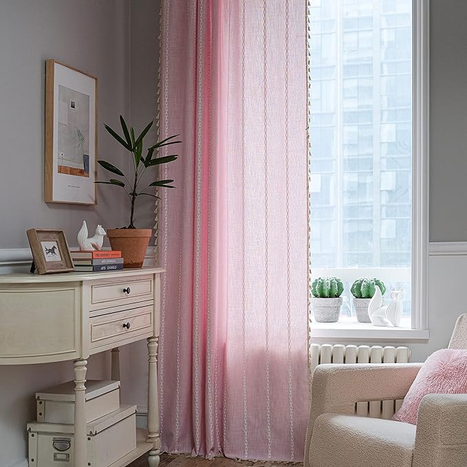 Sutuo Home Boho Curtains for Bedroom 96 Inches Long, Light Filtering Farmhouse Shabby Chic Tassels Window Treatment Bohemian Embroidery Drape, Rod Pocket 1 Panel 52" W x 96" L, Pink