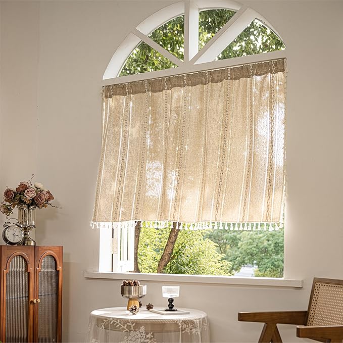 Sutuo Home Boho Curtains Valance 18 inch for Cafe Kitchen Doorway Closet, Short Linen Farmhouse Chic Tassels Window Treatment Bohemian Embroidery Drape, Rod Pocket 1 Panel 52" W x 18" L, Natural