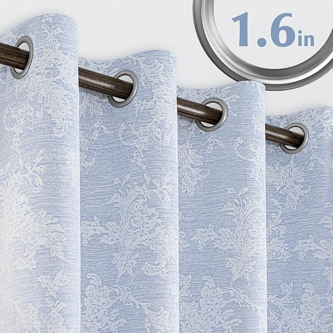 FMFUNCTEX Blue Floral Jacquard Blackout Curtains 63 Inch Length for Bedroom, Scroll Flower Chenille Farmhouse Curtains for Living Room Darkening Thermal Insulated Grommet Window Drapes 2 Panels