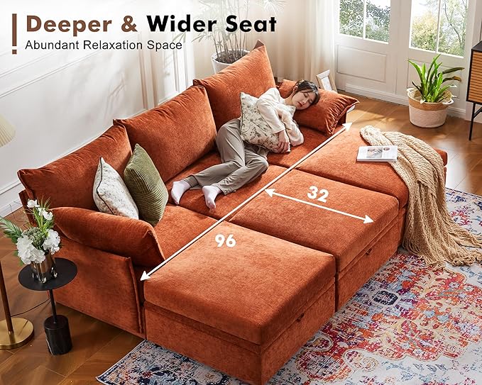 ABCASA 102.6" Luxury Modular Sleeper Sofa Bed 6 Seat Reversible Sectional Couch Deep Seat with Storage Chaises Removable Cover for Living Room, Apartment - Chenille Terracotta Orange