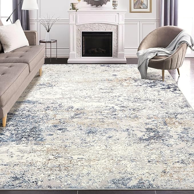 Area Rug Living Room Rugs - 12x18 Washable Large Soft Indoor Neutral Modern Abstract Low Pile Rug Carpet for Bedroom Dining Room Farmhouse Home Office - Beige Blue