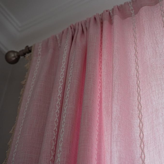 Sutuo Home Boho Curtain for Girl's Bedroom 108 Inches Long, Light Filtering Farmhouse Shabby Chic Tassels Window Treatment Bohemian Embroidery Drape, Rod Pocket 1 Panel 52" W x 108" L, Pink