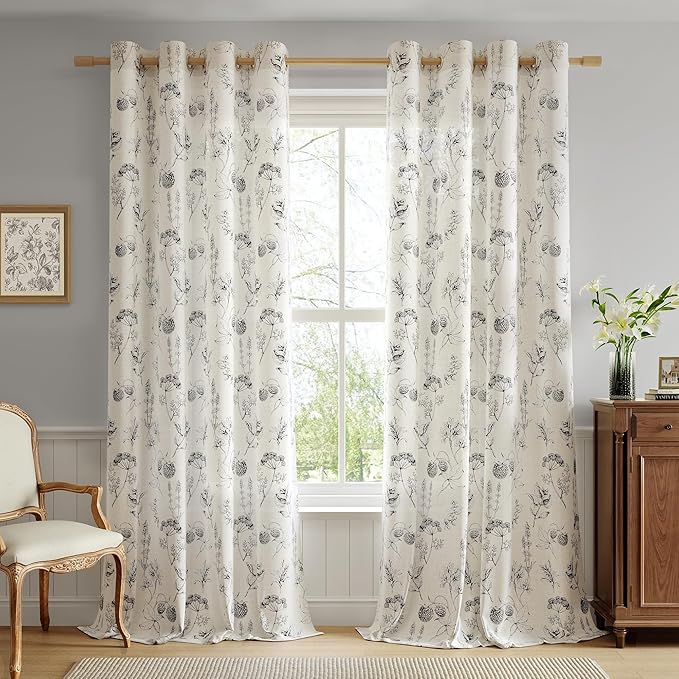 FMFUNCTEX Linen Curtains Floral Patterned Curtain for Bedroom Living Room, Black Curtains 84 Inches Long Farmhouse, Light Filtering Beige Window Curtain Grommet Top 2 Panels Set