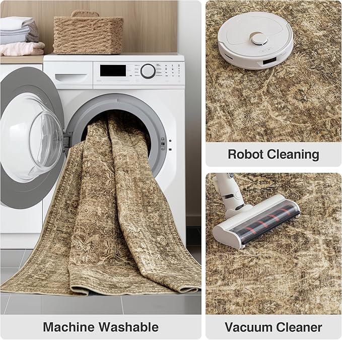 FMFUNCTEX 2x14 Runner Rug Brown Washable Vintage Neutral Distressed Non Slip Low Pile Indoor Carpet Retro Floral Hallway Entryway Rug for Kitchen Living Room Bedroom Bathroom Laundry Entry Bedside