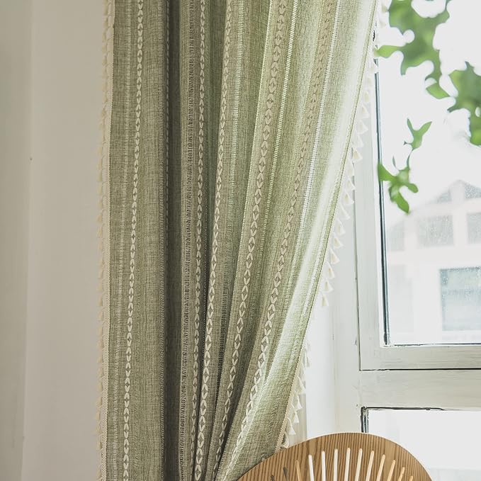 Sutuo Home Boho Curtains for Bedroom Living Room Kitchen, Semi-Blackout French Country Farmhouse Vintage Linen Shabby Chic Tassels Hollow Window Treatment Bohemian Drape, 1 Panel 52" W x 63" L, Green