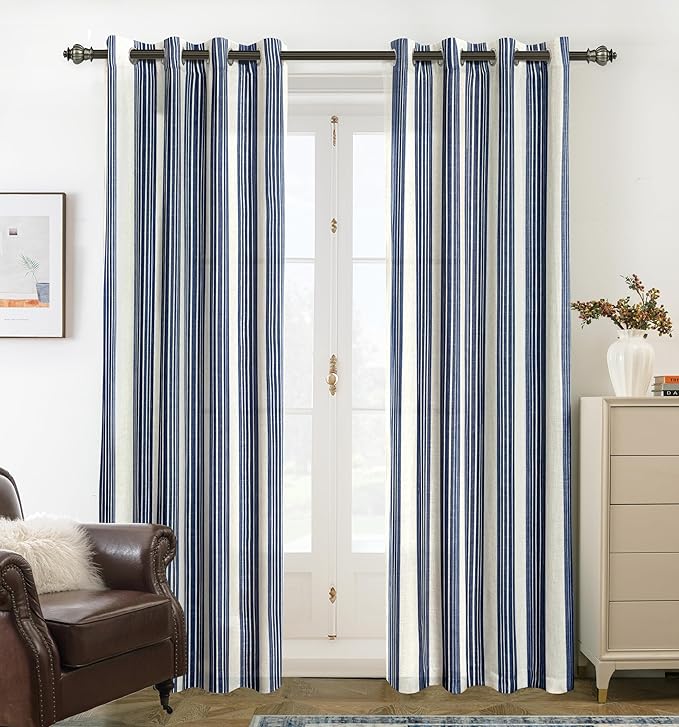 DriftAway Farmhouse Vertical Striped Linen Blend Textured Light Filtering Semi Sheer Curtains for Living Room Bedroom 102 Inches Long Drapes 2 Panels Broad Striped Dark Navy