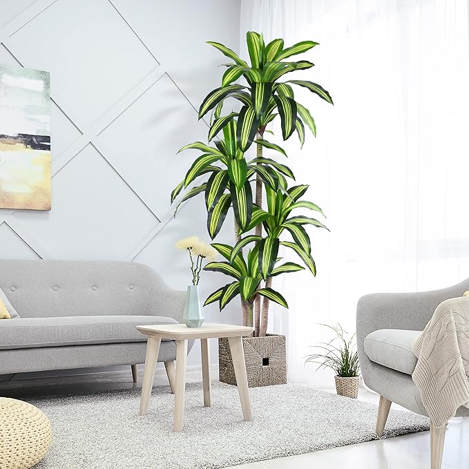 Artificial Plants, 6 Ft Dracaena Tree Faux Plants Indoor Outdoor Decor Fake Tree with Woven Seagrass Basket Plants for Home Decor Office Living Room Porch Patio Housewarming