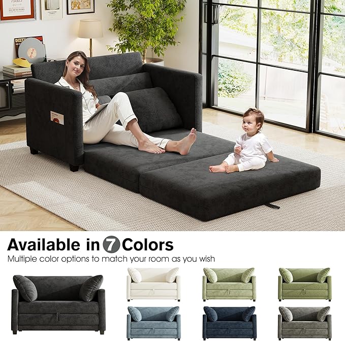 51" Loveseat Sleeper Sofa Bed, Chenille Convertible Floor Sofa Bed for Small Spaces, Folding Couch Bed with Deep Seat, 2 Pillows & Solid Frame, Pull Out Floor Couch for Living Room, Black
