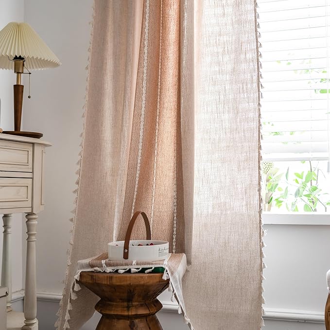 Sutuo Home Boho Curtains for Bedroom Living Room, Semi Blackout Linen Striped Farmhouse Vintage Tassels Window Treatment Bohemian Embroidery Drape, Rod Pocket 1 Panel 52" W x 120" L, Coffee Linen