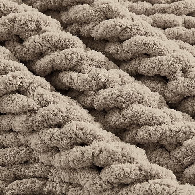 Carriediosa Chunky Knit Throw Blanket 60" X 80" Twin, 100% Hand Made Large Chenille Loop Yarn Soft Fluffy Throws for Couch Sofa Bed, Big Crochet Cozy Heavy Thick Cable Woven Blankets, Taupe