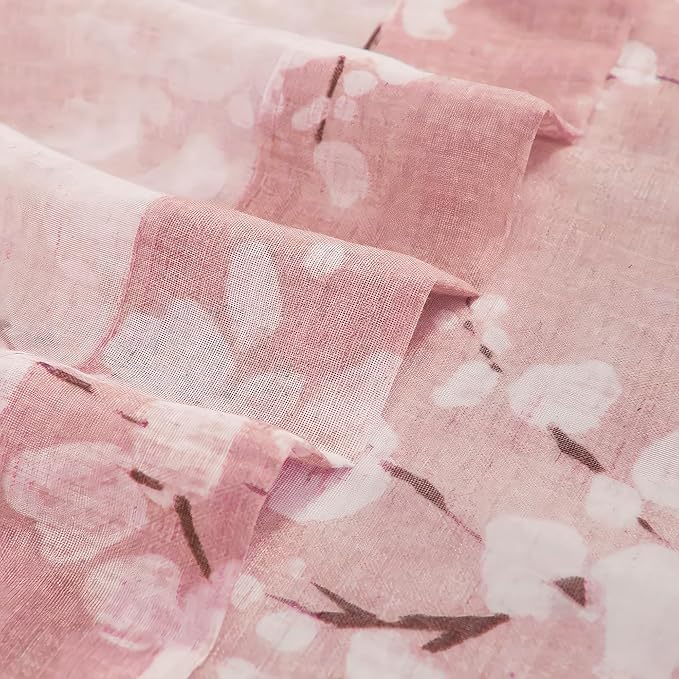 FMFUNCTEX Linen Sheer Curtains for Bedroom, Blush Pink Blossom Patterned 96 Inches Long for Kids Room Girl's Room, Floral Patterned Drapes Light Filtering for Living Room, Rod Pocket 2 Panels