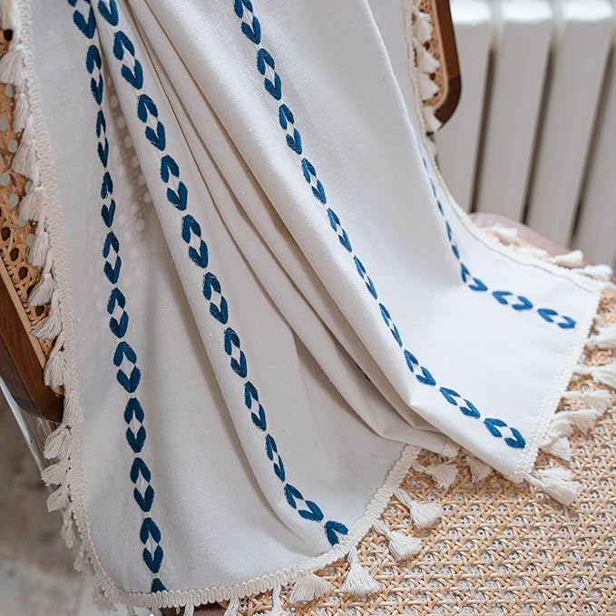 Sutuo Home Boho Curtains for Living Room Bedroom, Semi Blackout Farmhouse Vintage Tassels Window Treatment Bohemian Embroidery Drape, Rod Pocket 1 Panel 52" W x 96" L, White and Navy Blue