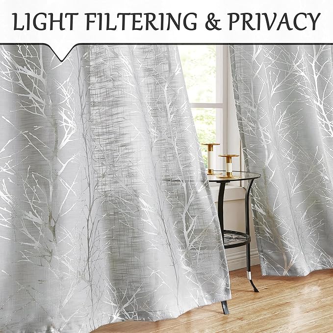 FMFUNCTEX Linen Semi Sheer Curtains for Bedroom & Living Room, Silver Metallic Print Grey Tree Panel, Light Filtering, 96 Inches Long, 2 Panels