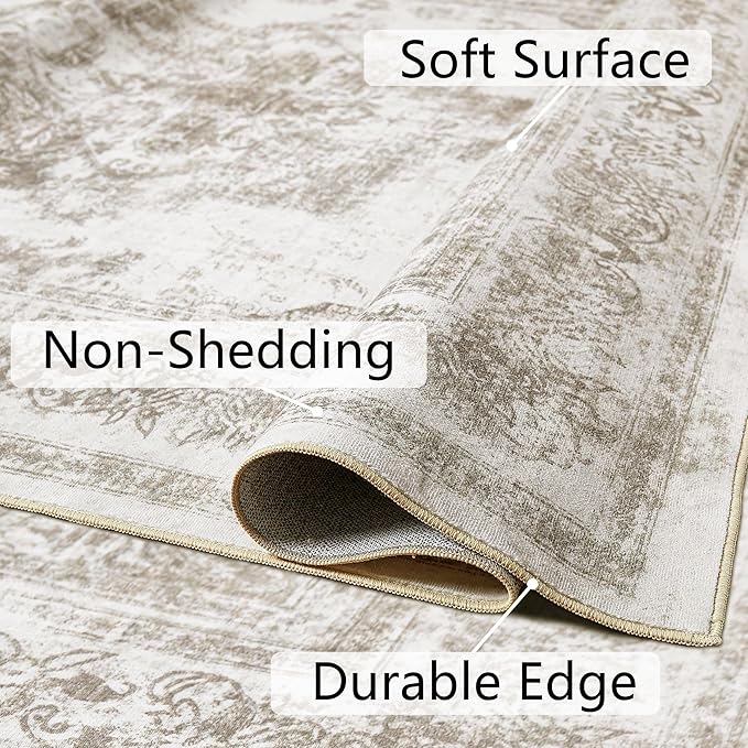Area Rug 8x10 Beige Washable Living Room Carpet Non Slip Vintage Medallion Indoor Bedroom Carpet Low Pile Soft Retro Distressed Large Rug Home Office Dining Room Playroom