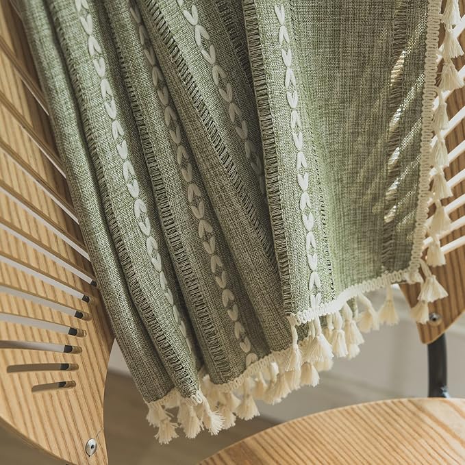 Sutuo Home Boho Curtain for Bedroom Living Room Nursery, Semi-Blackout French Country Farmhouse Vintage Linen Shabby Chic Tassels Hollow Window Treatment Bohemian Drape, 1 Panel 52" W x 72" L, Green