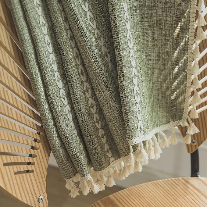 Sutuo Home Boho Curtains for Bedroom Living Room Kitchen, Semi-Blackout French Country Farmhouse Vintage Linen Shabby Chic Tassels Hollow Window Treatment Bohemian Drape, 1 Panel 52" W x 63" L, Green