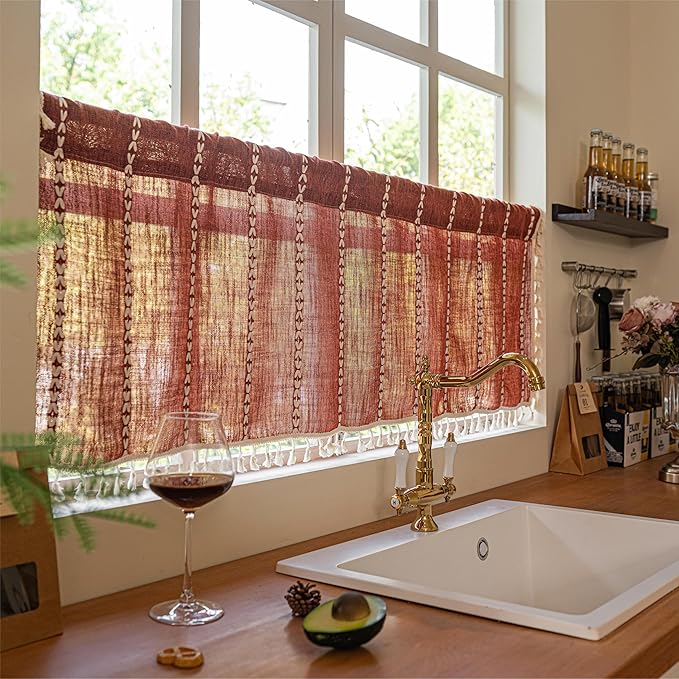Sutuo Home Boho Short Curtains Valance for Cafe Doorway Closet, Light Filtering Linen French Country Shabby Window Treatment Bohemian Embroidery Drape, Rod Pocket 1 Panel 52" W x 36" L, Terracotta