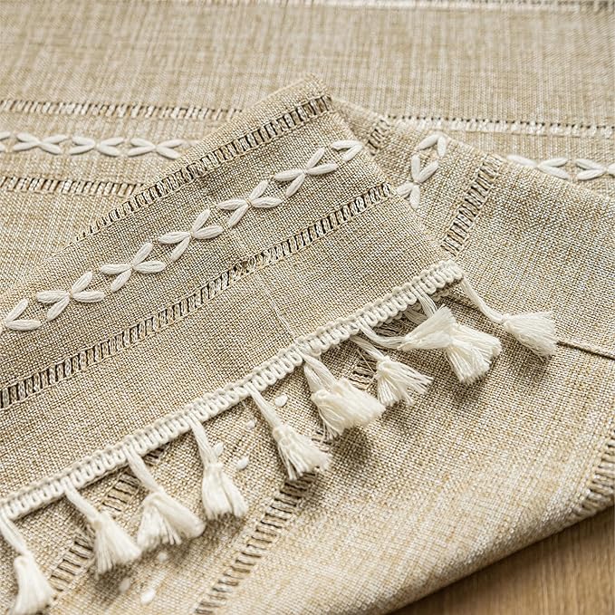 Sutuo Home Boho Curtains Valance Tier 36 inch for Cafe Kitchen Doorway Closet, Short Linen Farmhouse Chic Tassels Window Treatment Bohemian Embroidery Drape Rod Pocket 1 Panel 52" W x 36" L, Natural