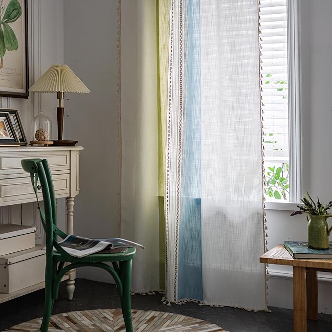 Sutuo Home Boho Curtains 108 inches for Bedroom Dining Room,Light-Filtering Country Tassels Window Treatment Bohemian Embroidery Xams Drape, Rod Pocket 1 Panel 52" W x 108" L, Green Blue Striped Linen
