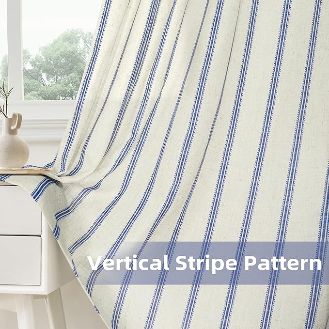 DriftAway Farmhouse Vertical Striped Linen Blend Textured Light Filtering Semi Sheer Curtains for Living Room Bedroom 36 Inches Long Drapes 2 Panels Linen Navy