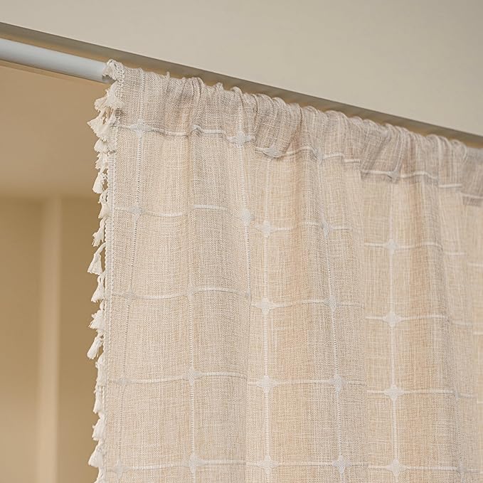 Sutuo Home Boho Door Window Curtains, Bohemian French Country Door Semi Blackout Curtains for Doorway Tassels Privacy Vintage Chic Stripes Decor, Rod Pocket 1 Panel 37" W x 80" L, Light Coffee Plaids