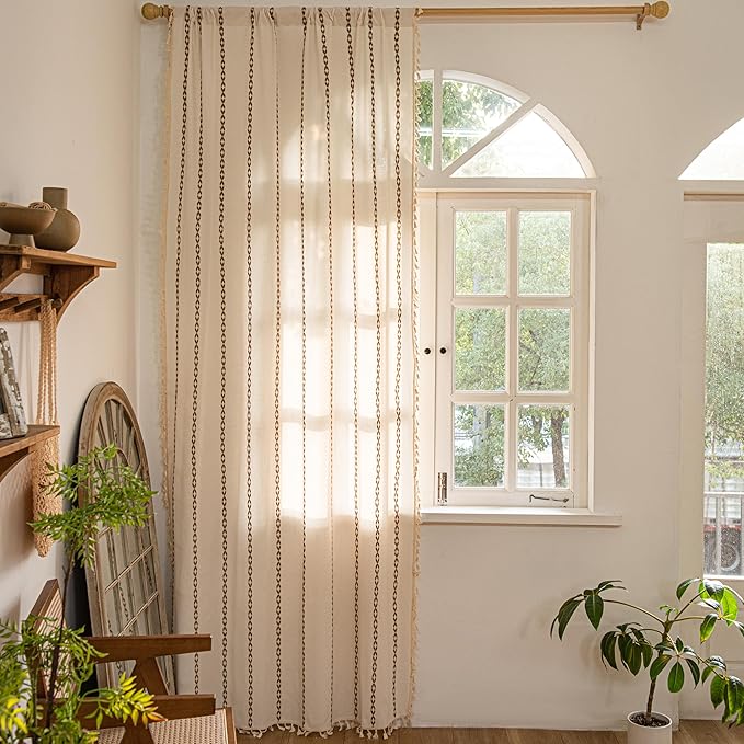Sutuo Home Boho Curtains 108 Inches Long, Bohemian Drape for Bedroom Living Room, Privacy Country Semi Blackout Farmhouse for House Decor Rod Pocket, 1 Panel W52 x L108 White and Coffee