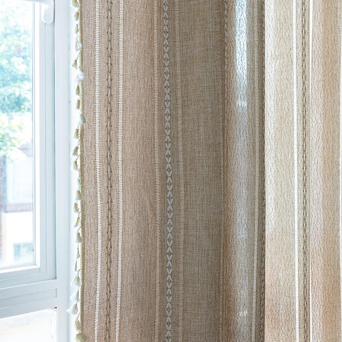 Sutuo Home Boho Curtains Valance 18 inch for Cafe Kitchen Doorway Closet, Short Linen Farmhouse Chic Tassels Window Treatment Bohemian Embroidery Drape, Rod Pocket 1 Panel 52" W x 18" L, Natural