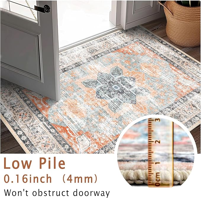 Runner Rug 2x10 Machine Washable Rug with Non-Slip Backing, Ideal for Kitchen Hallway Entryway Laundry Room - Vintage Floral, Durable, Easy Clean, Low Pile Carpet Runner Orange