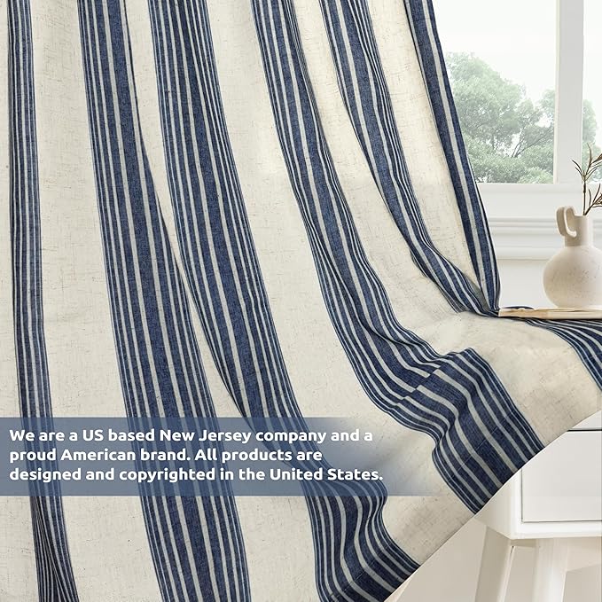 DriftAway Farmhouse Vertical Striped Linen Blend Textured Light Filtering Semi Sheer Curtains for Living Room Bedroom 102 Inches Long Drapes 2 Panels Broad Striped Linen Dark Blue