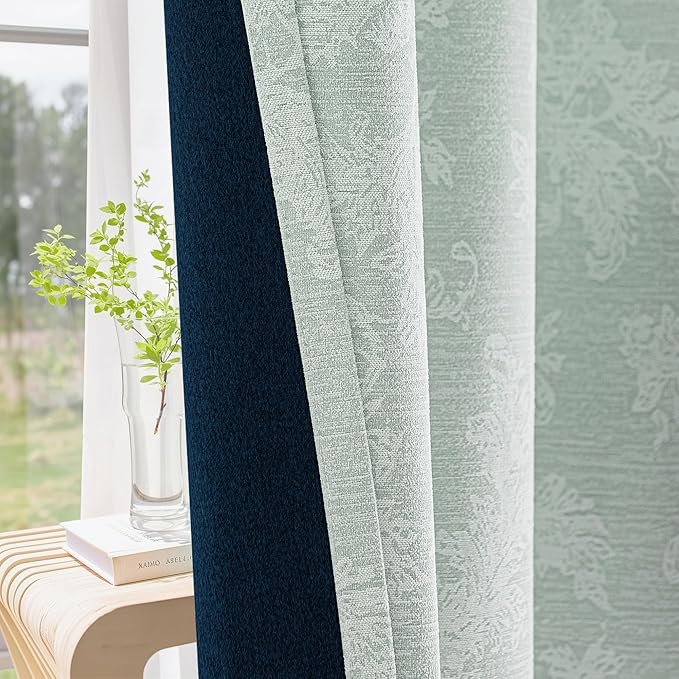 FMFUNCTEX Sage Green Floral Jacquard Blackout Curtains 72 Inches Long for Bedroom, Scroll Flower Chenille Farmhouse Curtain for Living Room Darkening Thermal Insulated Grommet Window Drapes 2 Panels