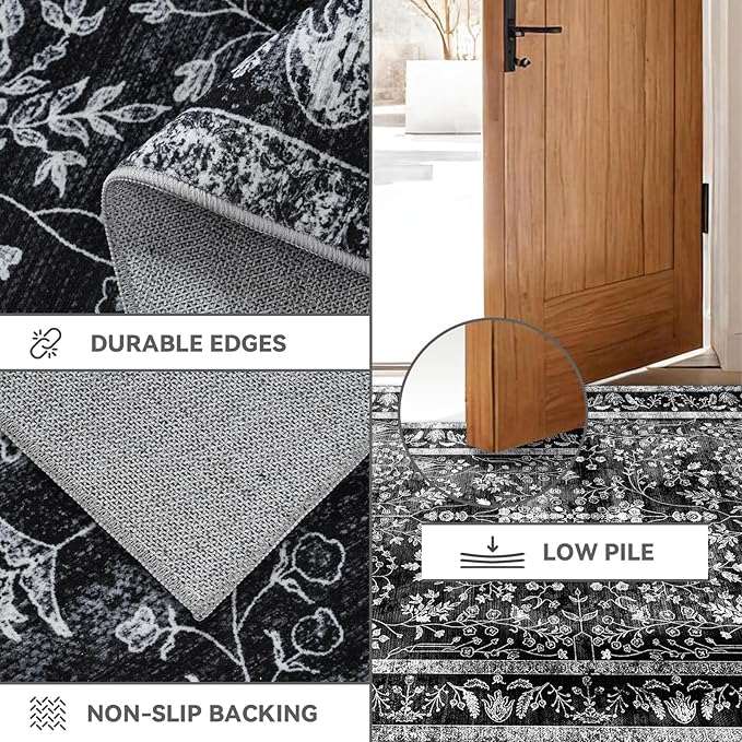 2x6 Runner Rugs for Hallways: Washable Kitchen Rugs Ultra Soft Vintage Carpet Low Pile Floral Runner with Rubber Backing Non Slip for Bedroom Bathroom Laundry Living Room Dining Black White
