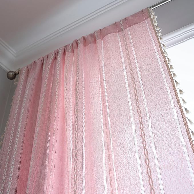 Sutuo Home Boho Curtain for Bedroom Living Room Nursery Kitchen, Light Filtering Country Farmhouse Vintage Chic Tassels Hollow Window Treatment Bohemian Drape, 1 Panel 52" W x 108" L, Pink