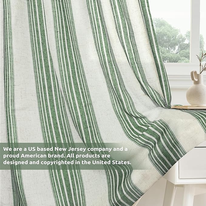 DriftAway Farmhouse Vertical Striped Linen Blend Textured Light Filtering Semi Sheer Curtains for Living Room Bedroom 63 Inches Long Drapes 2 Panels Broad Striped Linen Loden Green