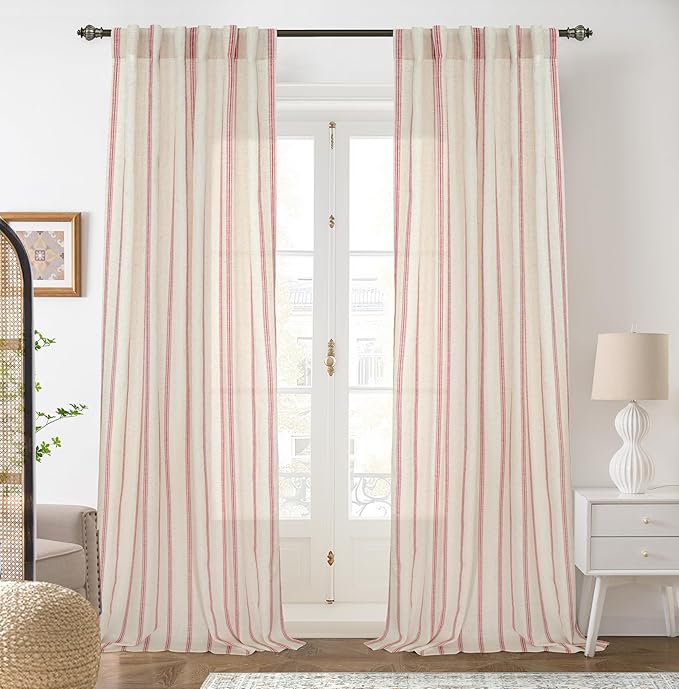 DriftAway Farmhouse Vertical Striped Linen Blend Textured Light Filtering Semi Sheer Curtains for Living Room Bedroom 84 Inches Long Drapes 2 Panels Linen Red