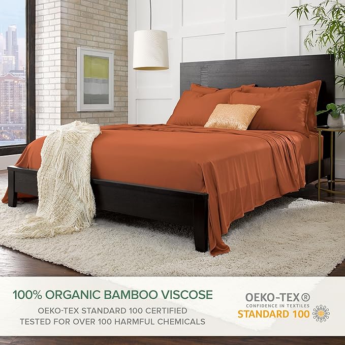Pure Bamboo Queen Sheets, Genuine 100% Organic Viscose Derived from Bamboo Bed Sheet Set, Luxuriously Soft & Cooling, Double Stitching, 2 Year Quality Promise (Queen, Terracotta)