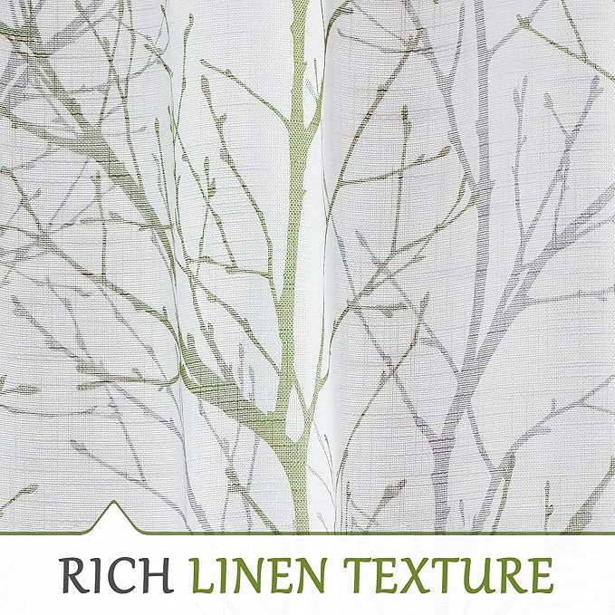 FMFUNCTEX Linen Semi Sheer Curtains for Bedroom, Sage Green White Curtains 84 Inches Long for Living Room, Grey Tree Branch Print Curtain Light Filtering Farmhouse Window Drapes, Grommet Top 2 Panels