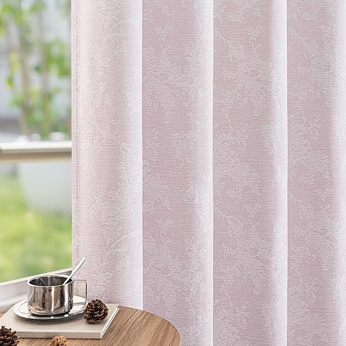 FMFUNCTEX Pink Floral Jacquard Blackout Curtains 96 Inches Long for Girls Bedroom, Scroll Flower Chenille Farmhouse Curtains for Nursery Room Darkening Thermal Insulated Grommet Window Drapes 2 Panels