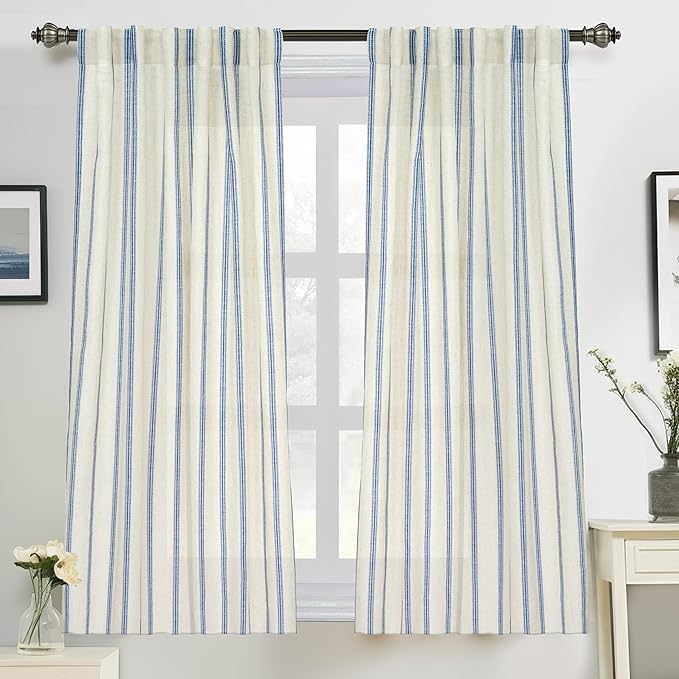DriftAway Farmhouse Vertical Striped Linen Blend Textured Light Filtering Semi Sheer Curtains for Living Room Bedroom 54 Inches Long Drapes 2 Panels Linen Navy