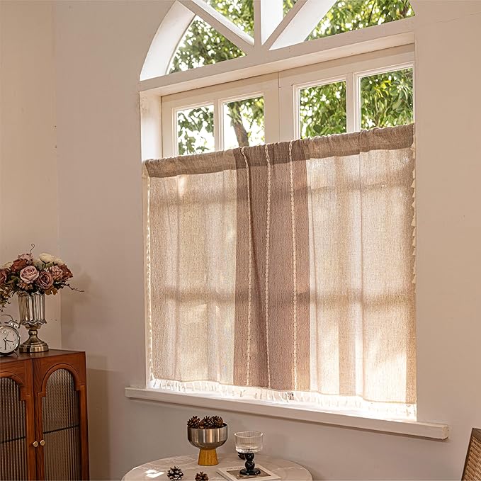 Sutuo Home Boho Curtains Valance Tier 36 inch for Cafe Kitchen Doorway Closet, Short Farmhouse Chic Tassels Window Treatment Bohemian Embroidery Drape, Rod Pocket 1 Panel 52" W x 36" L, Coffee Linen